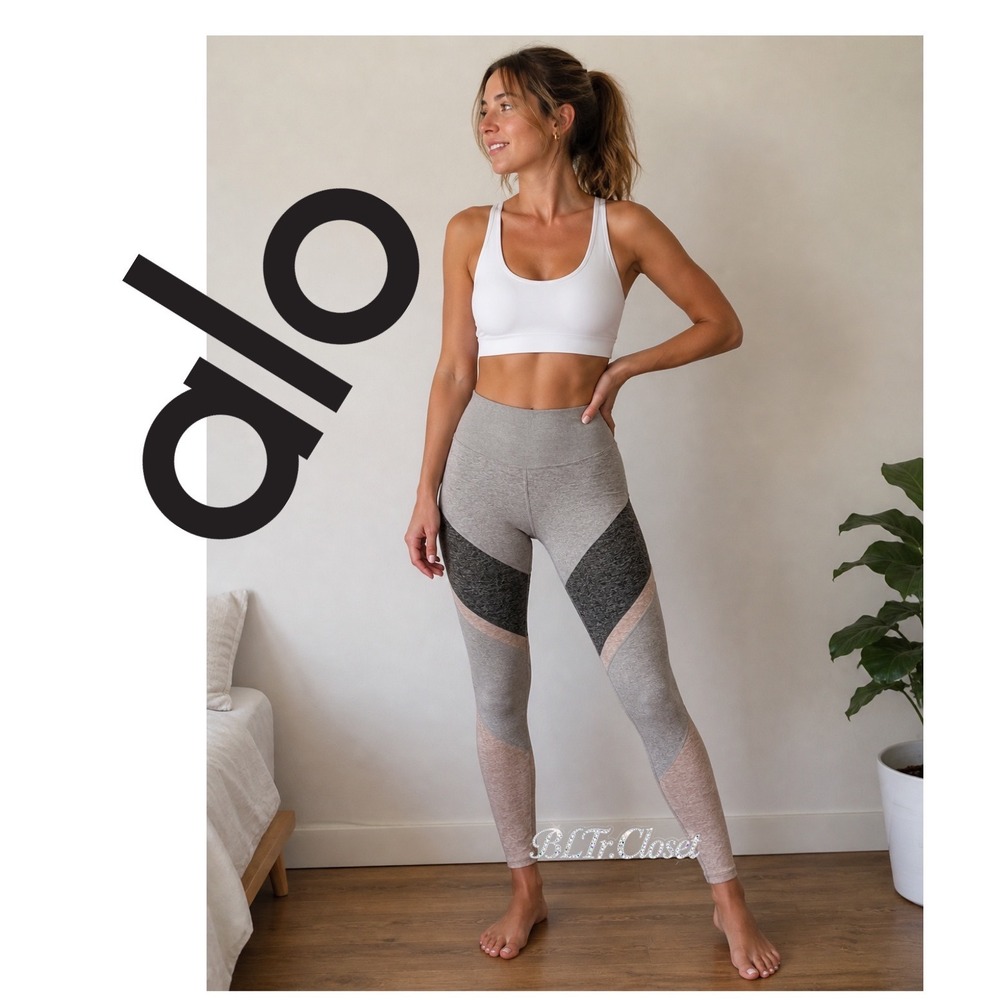 Alo Yoga Colorblock High Waist Leggings Grey Pink Chevron Sz S Granola Yoga Core